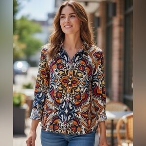 Chico's No Iron Cotton Brightly Colored Patterned Button Down Blouse 12 Large